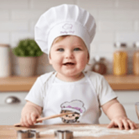 Chef Baskılı Bebek Beyaz Mutfak Önlüğü Ve Bebek Aşçı Şapkası 2'li Set Kız